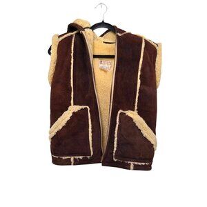 VTG Genuine Leather by Berman B. Wester Brown Suede Vest Sherpa Lining Size 12